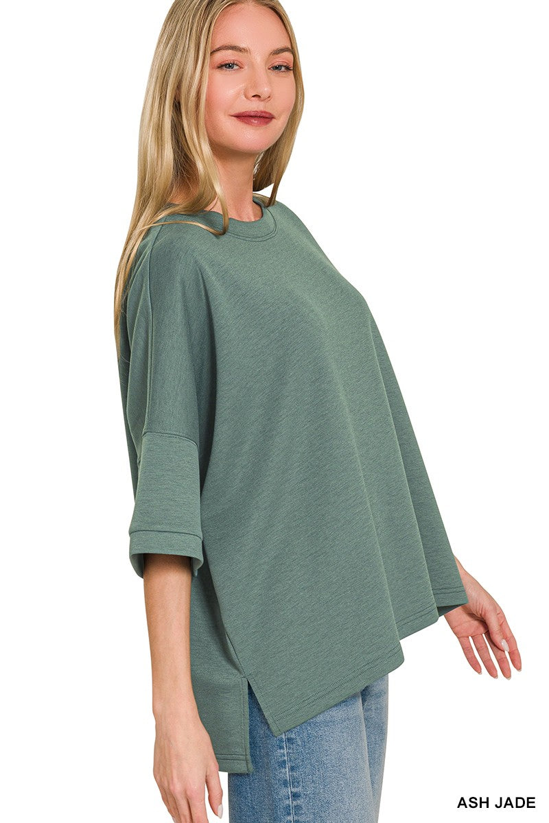 Scuba Round Neck Top with Side Slits Plus Size in Jade Green for Women