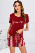 Graphic Round Neck Top and Striped Shorts Lounge Set in Scarlet for Women