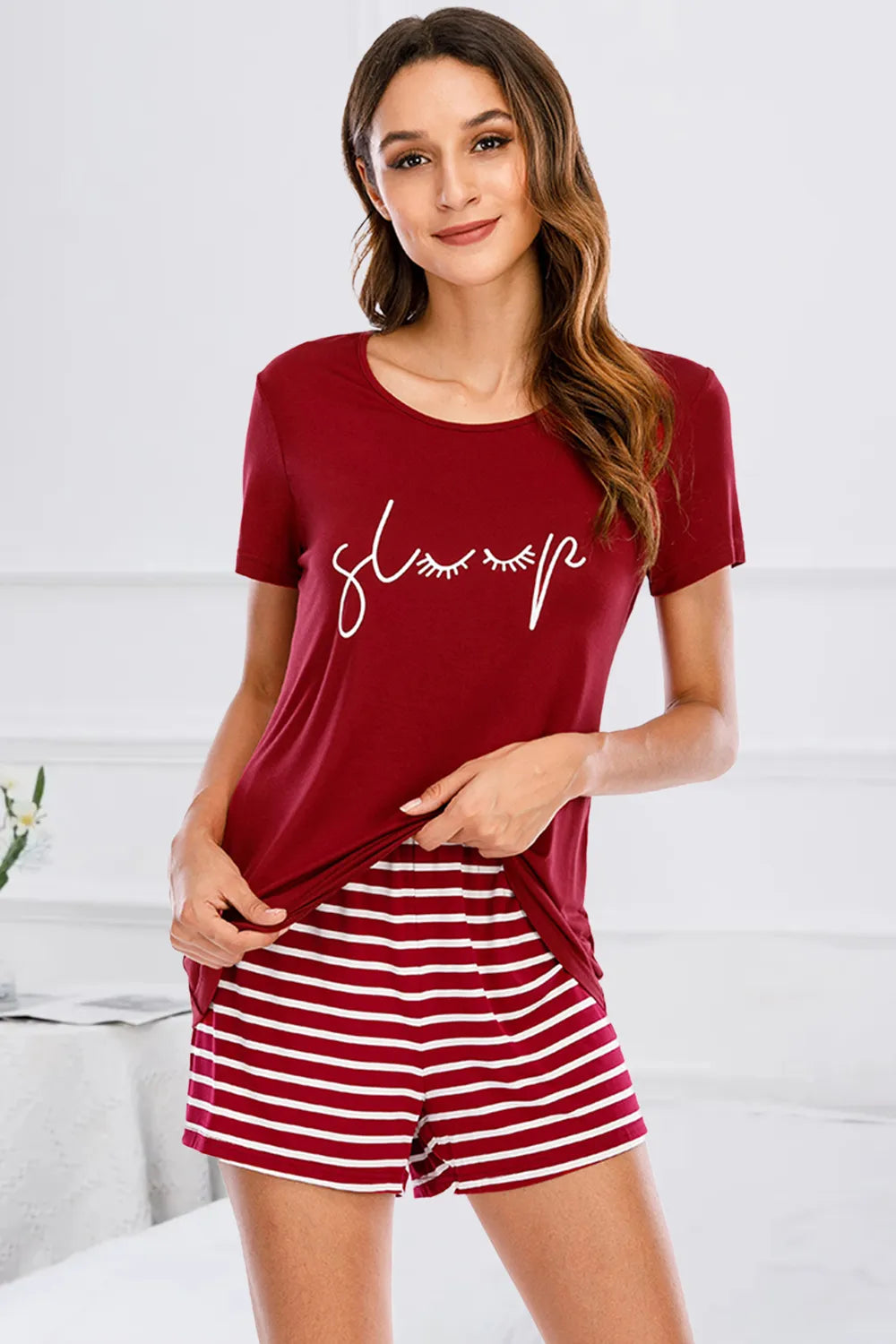 Graphic Round Neck Top and Striped Shorts Lounge Set in Scarlet for Women