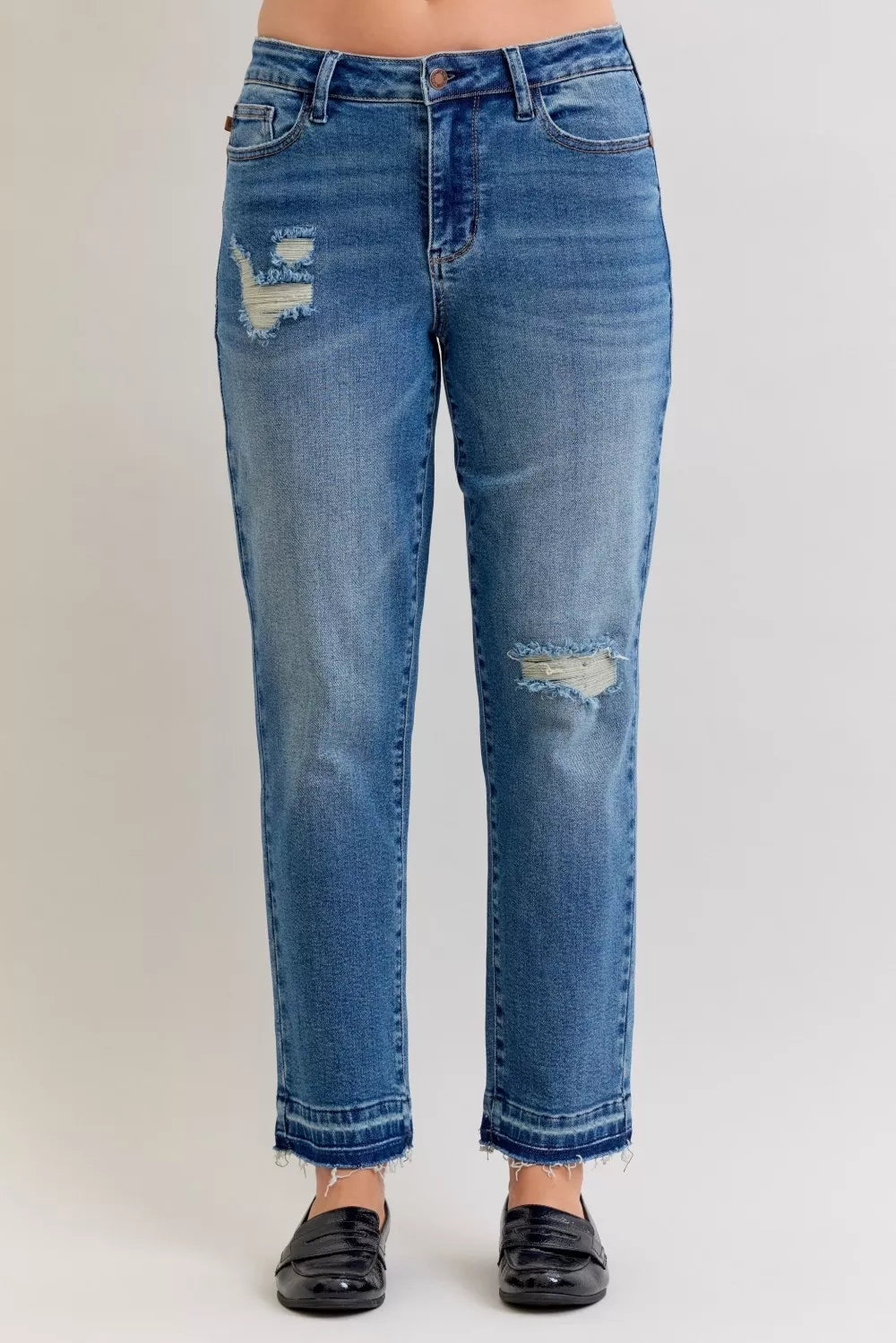 Mid Rise Bf Patch & Repair Destroy Release Hem Jeans Plus Size in Md for Women