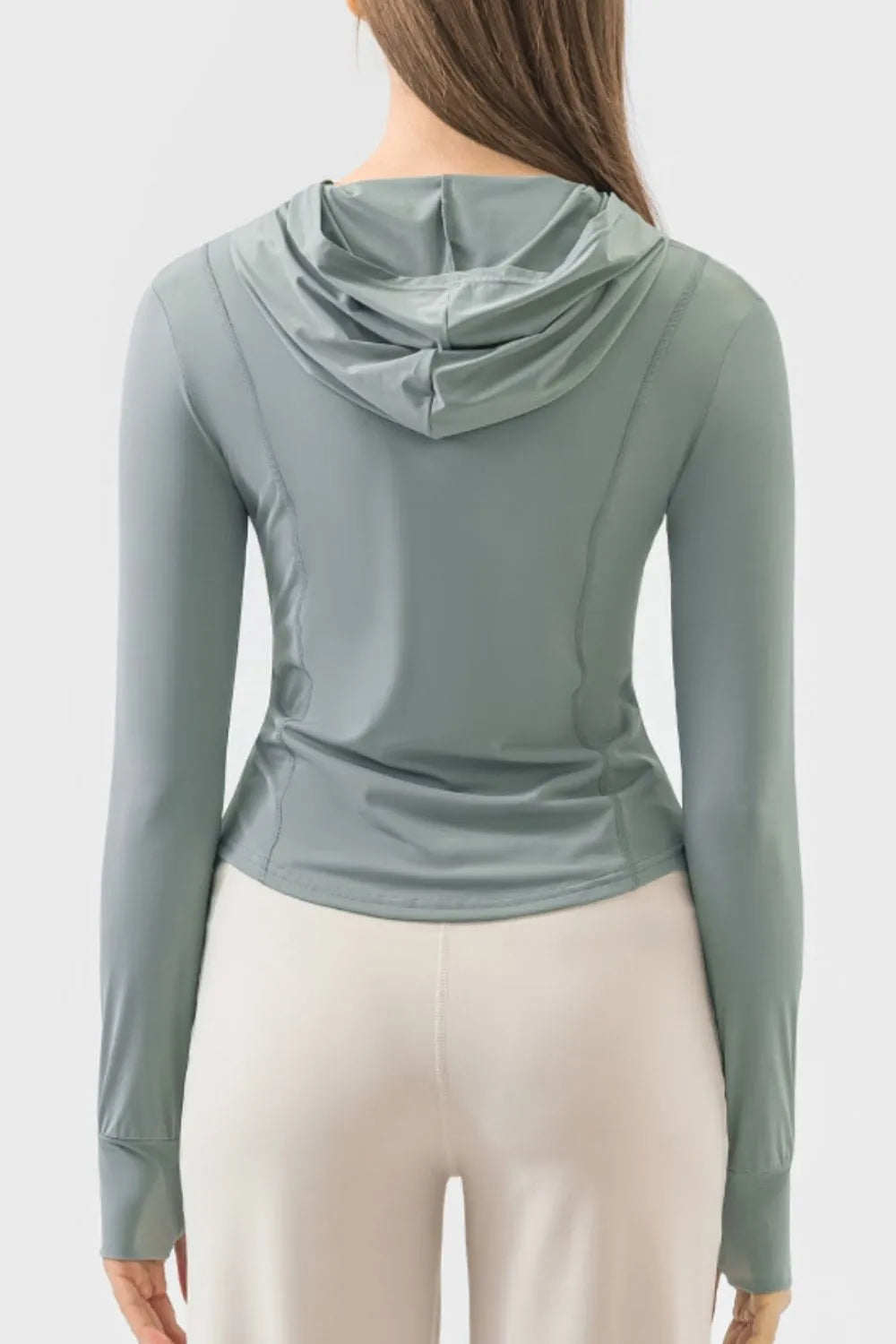 Pocketed Zip Up Hooded Long Sleeve Active Outerwear in Teal for Women