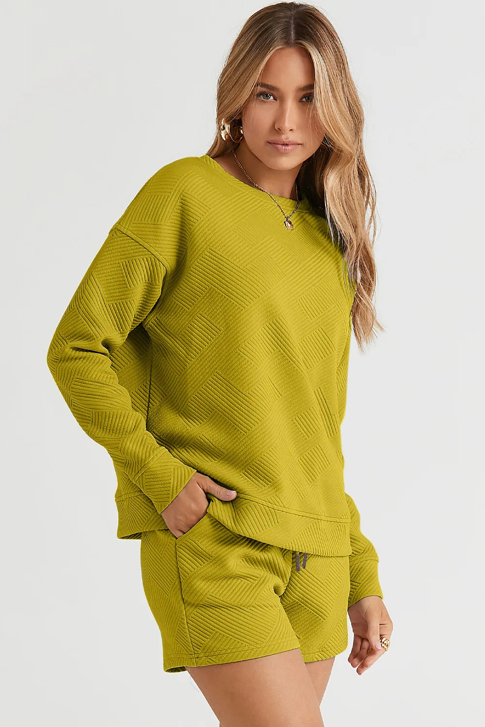 Plus Size Texture Long Sleeve Top and Drawstring Shorts Set in Chartreuse for Women
