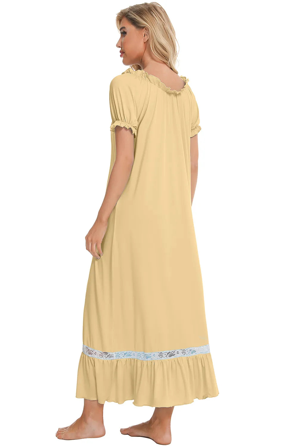 Lace Detail Short Sleeve Lounge Dress in Light Yellow for Women