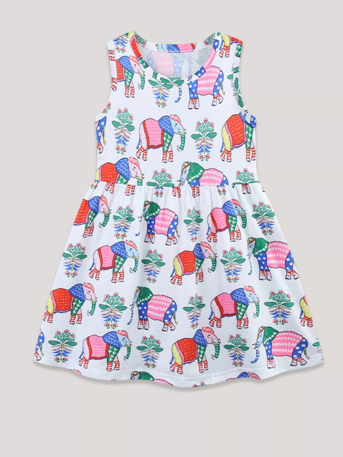Sleeveless Elephant Print Casual Dress in White for Girls