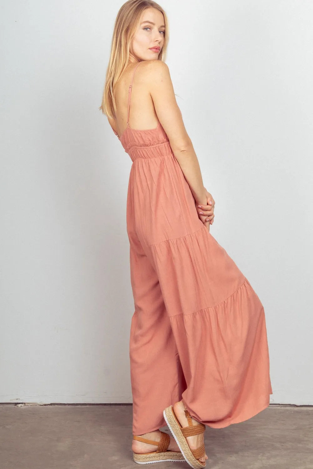 Sleeveless Ruched Wide Leg Jumpsuit in Blush for Women