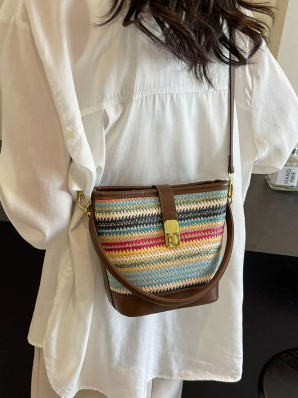 Striped Bucket Crossbody Bag for Women