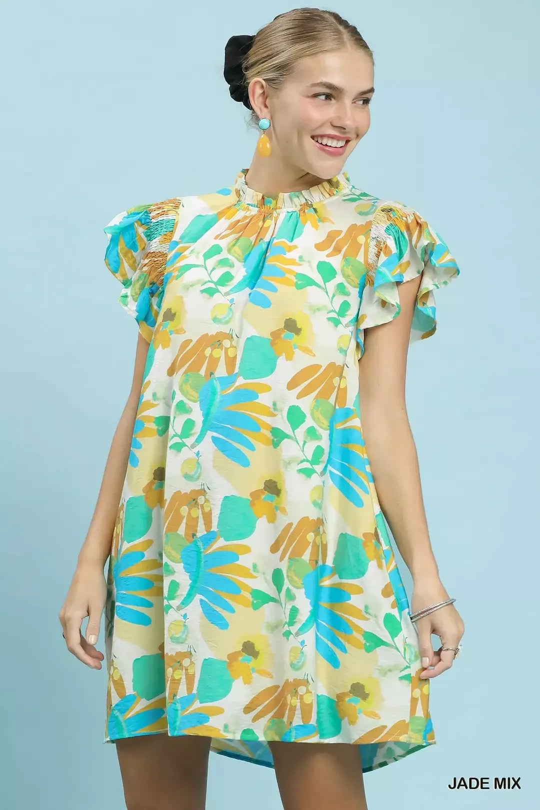 Ruffled Botanical Print Mini Dress in Jade Mix for Women