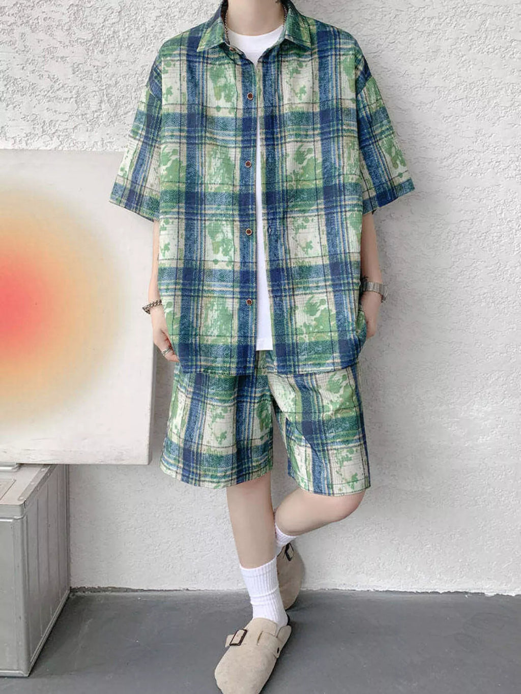 Plus Size Casual Plaid Print Shirt & Shorts Set in Blue for Men