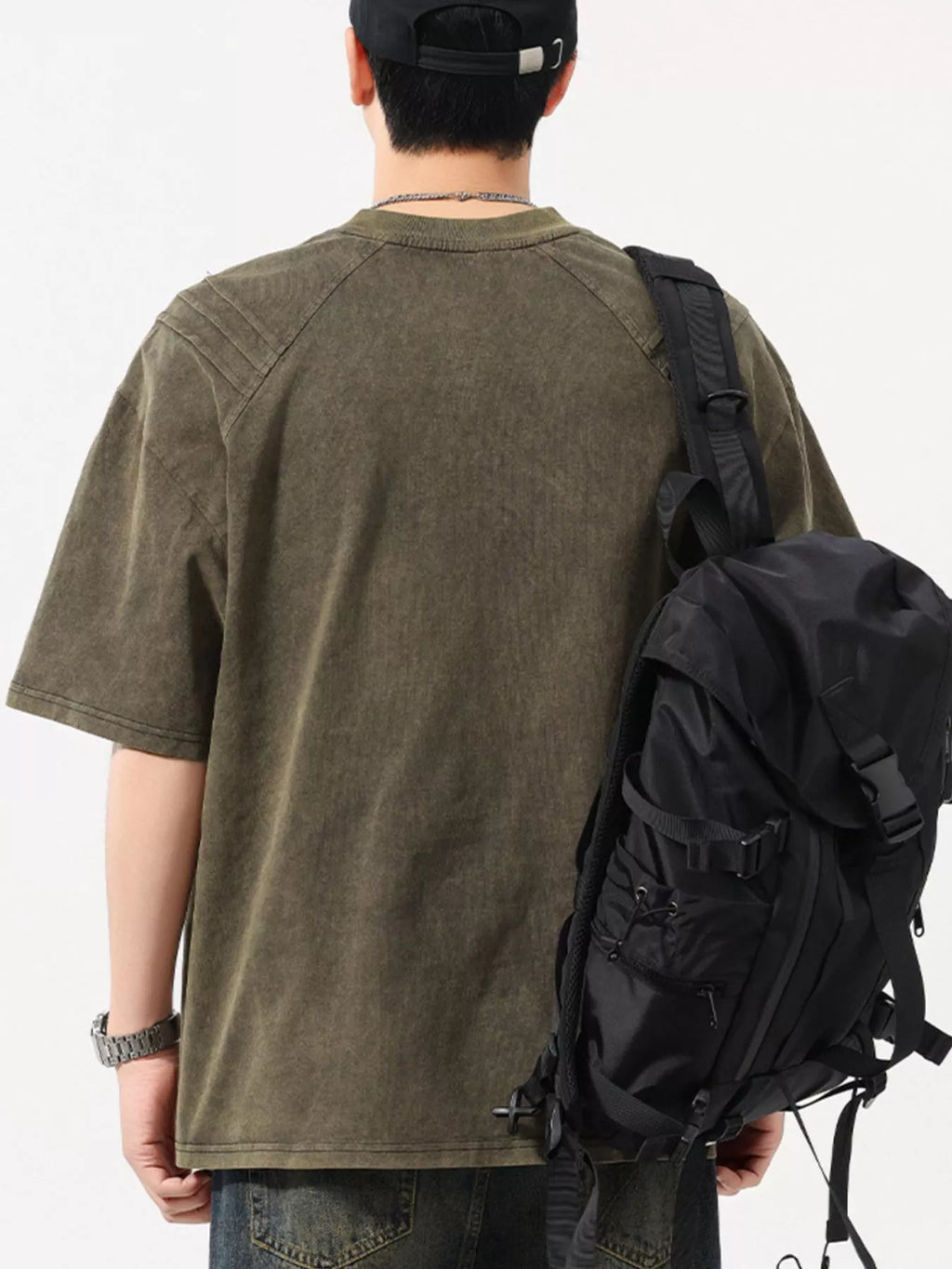 Plus Size Vintage Washed Round Neck Tee in Olive Brown for Men