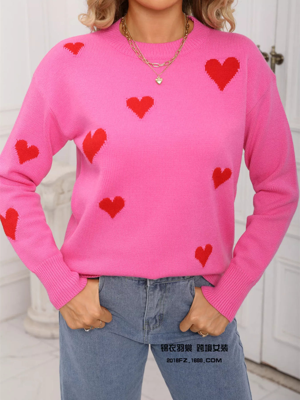 Valentines Day Heart Print Round Neck Sweater in White for Women