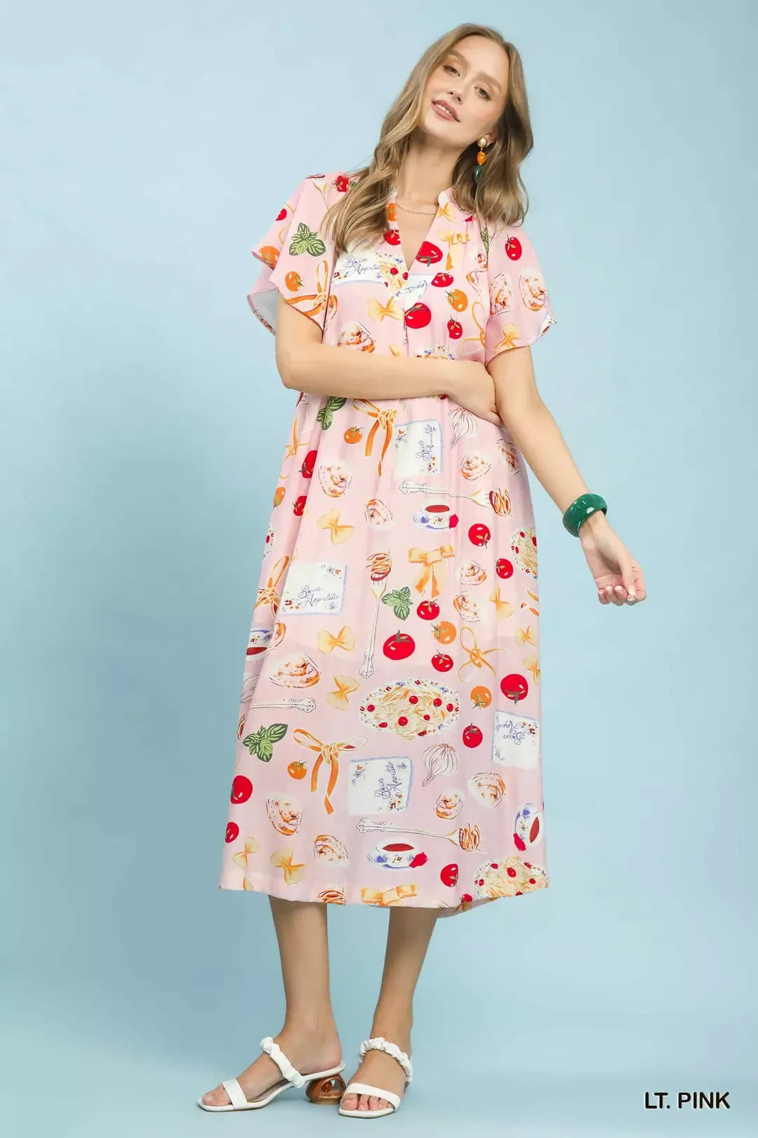 Abstract Print Flutter Sleeve Midi Dress in Light Pink for Women