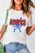 Funky America Letter Bow Round Neck T-Shirt in White for Women