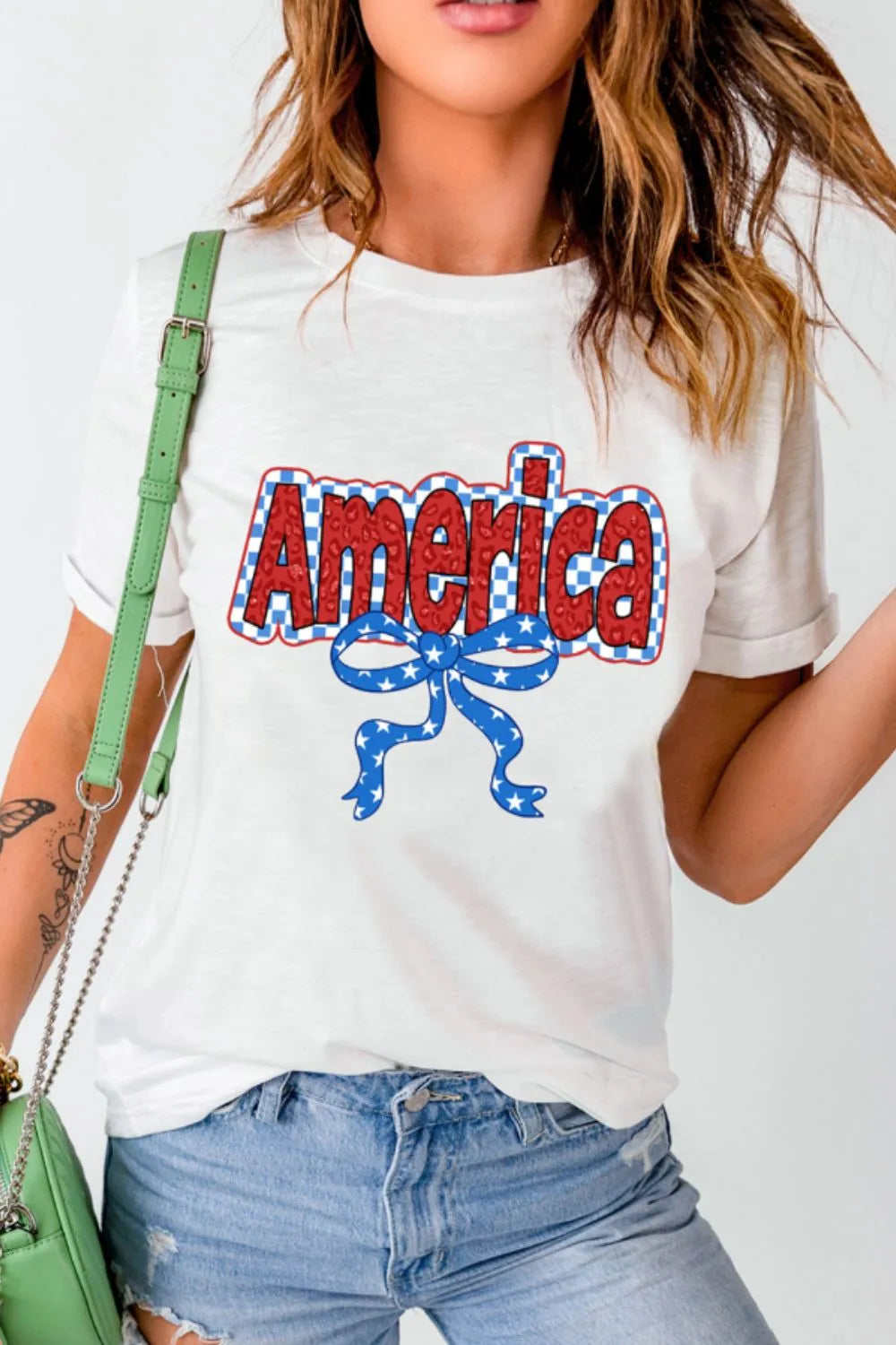 Funky America Letter Bow Round Neck T-Shirt in White for Women