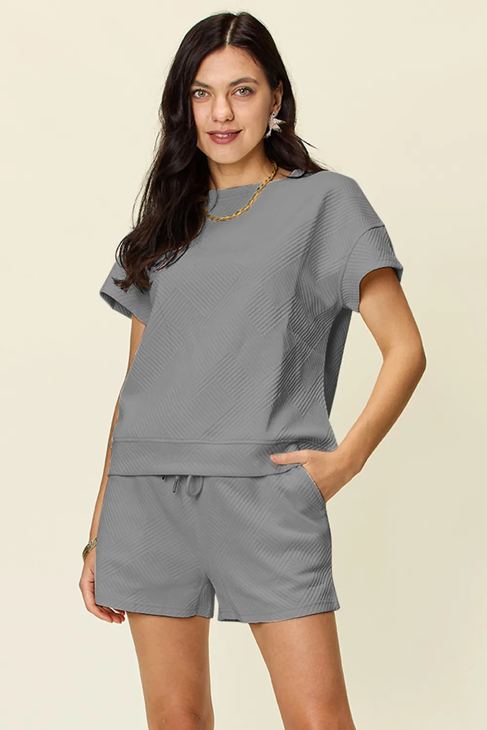 Plus Size Texture Short Sleeve T-Shirt and Drawstring Shorts Set in Mocha in Deep Teal for Women