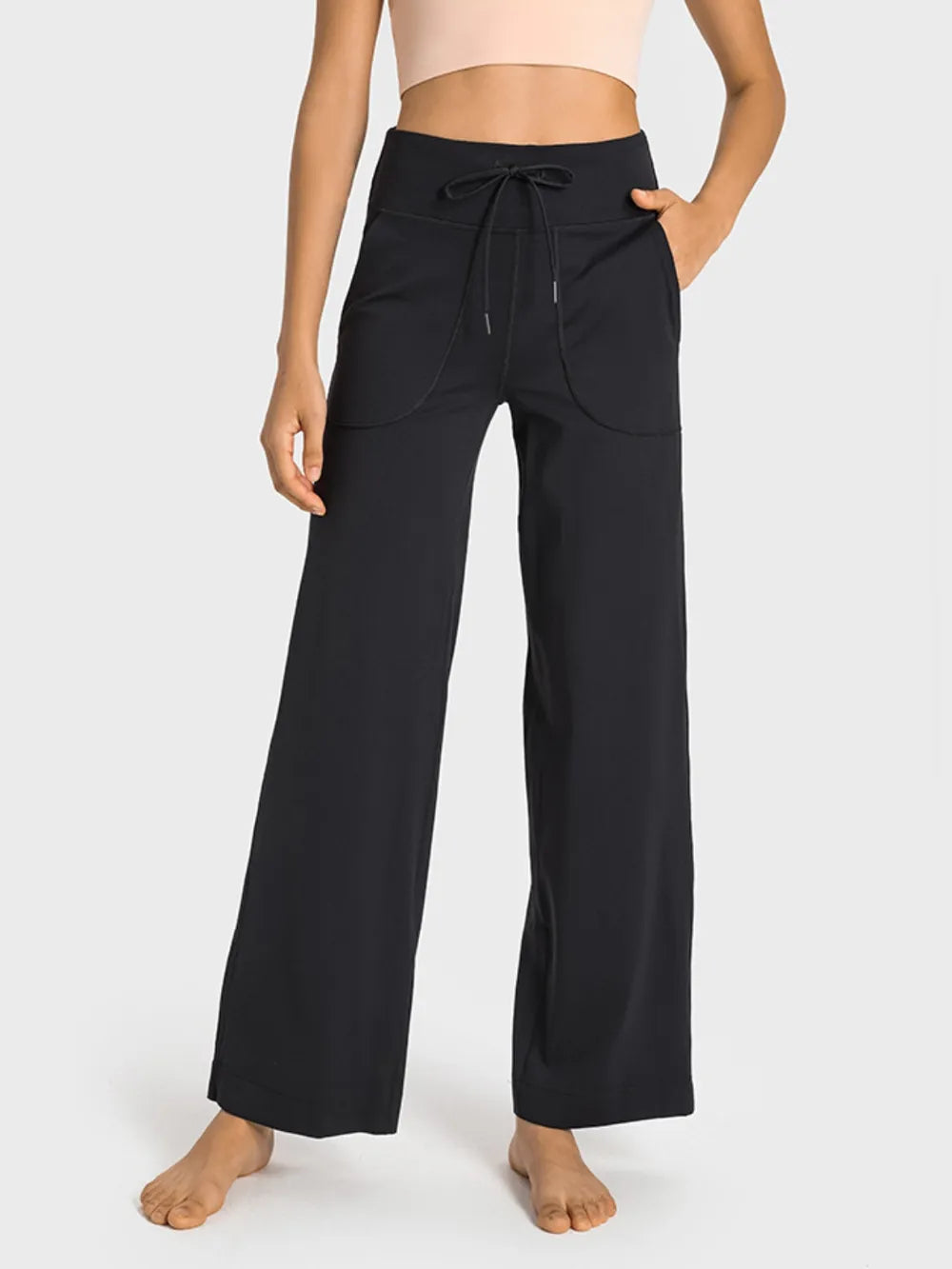 Drawstring Waist Wide Leg Sports Pants with Pockets in Gray for Women