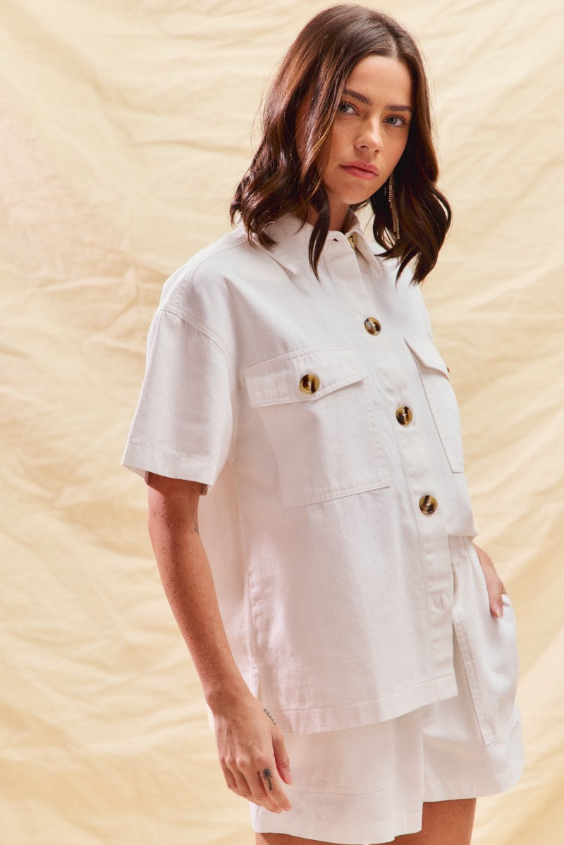 Button Down Denim Game Day Top and Shorts Set in Off White for Women
