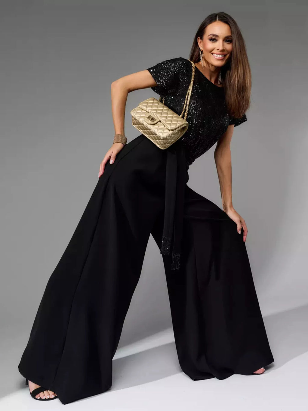 Plus Size Sequin Short Sleeve Wide Leg Jumpsuit in White for Women