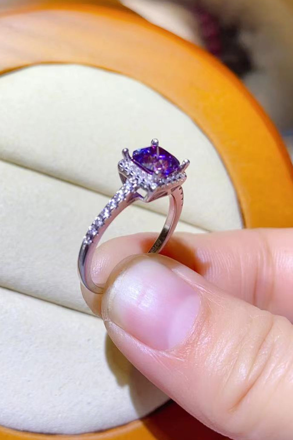 1 Carat Moissanite Platinum-Plated Square Ring in Purple for Women