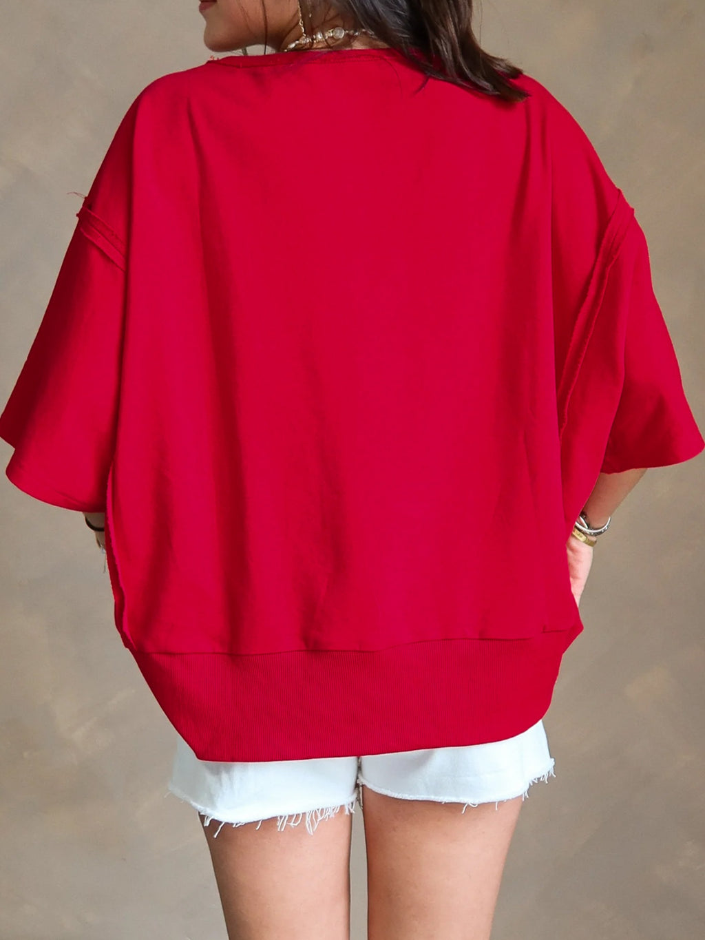 Georgie Letter Raw Seam Drop Shoulder Loose Tee in Deep Red for Women