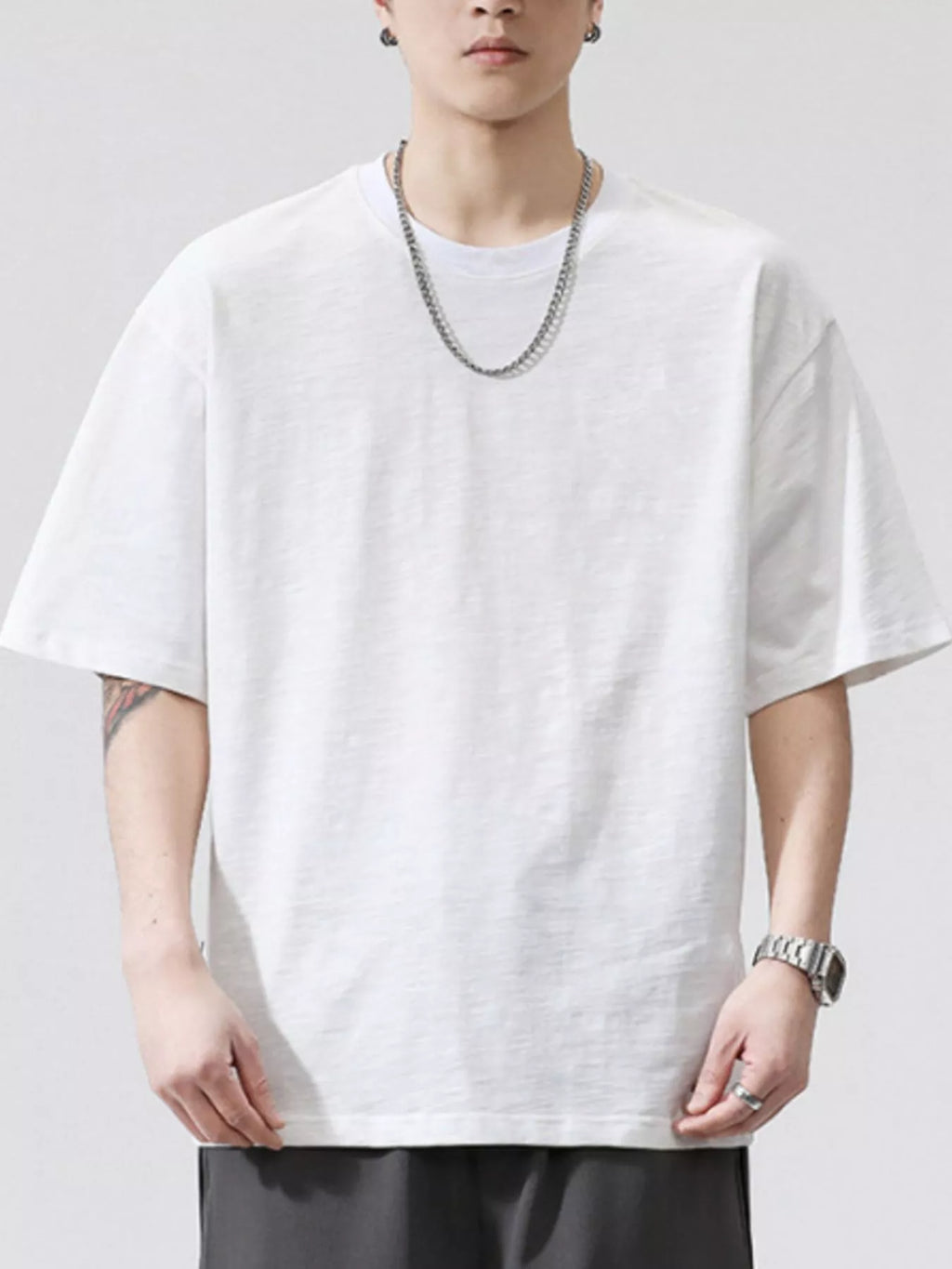 Plus Size Round Neck Half Sleeve T-Shirt in White in Khaki for Men