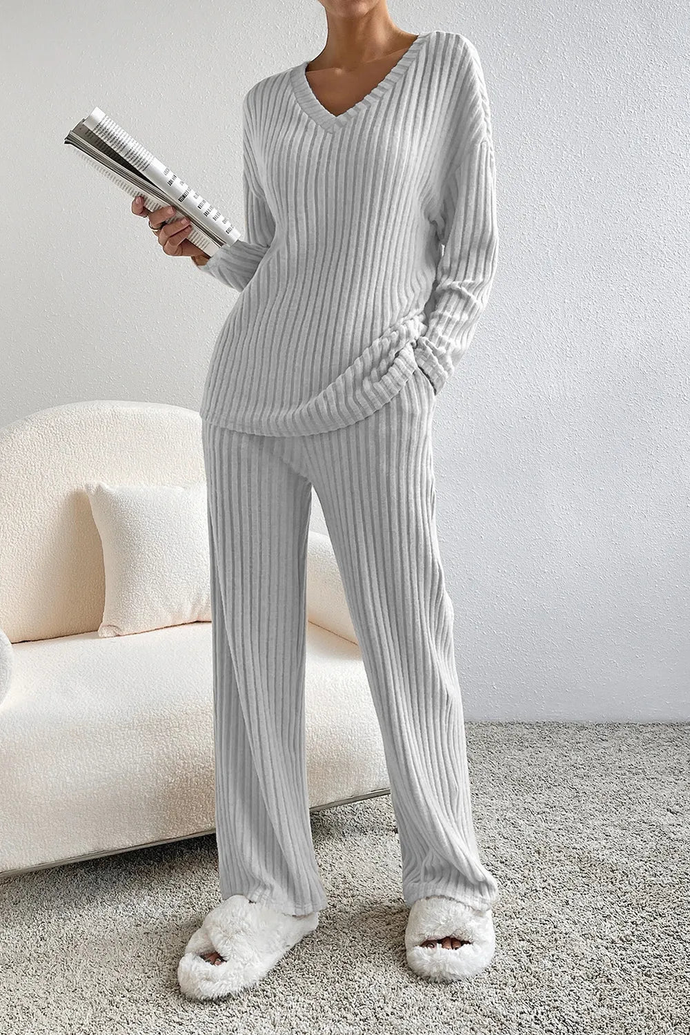 Ribbed V-Neck Top and Pants Lounge Set in Carnation Pink for Women