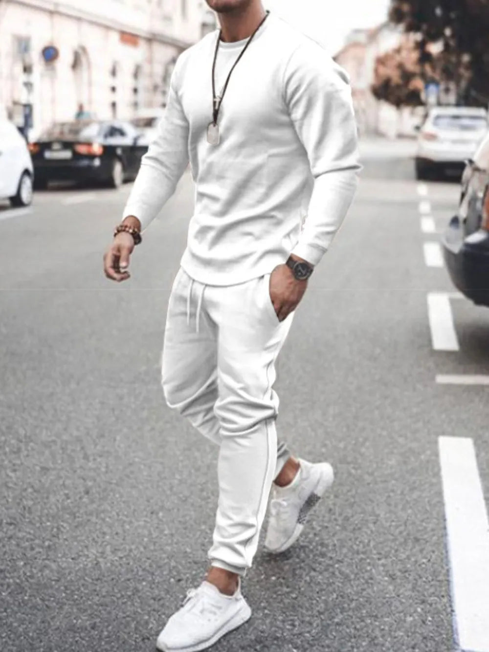 Round Neck Long Sleeve Top and Pants Set Plus Size in Black for Men