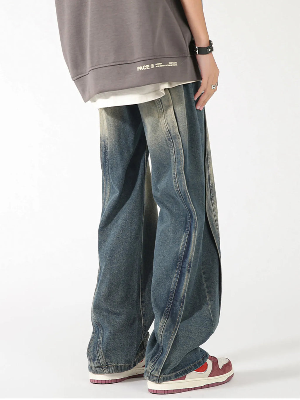 Plus Size Vintage Wash Wide Leg Jeans in Black for Men