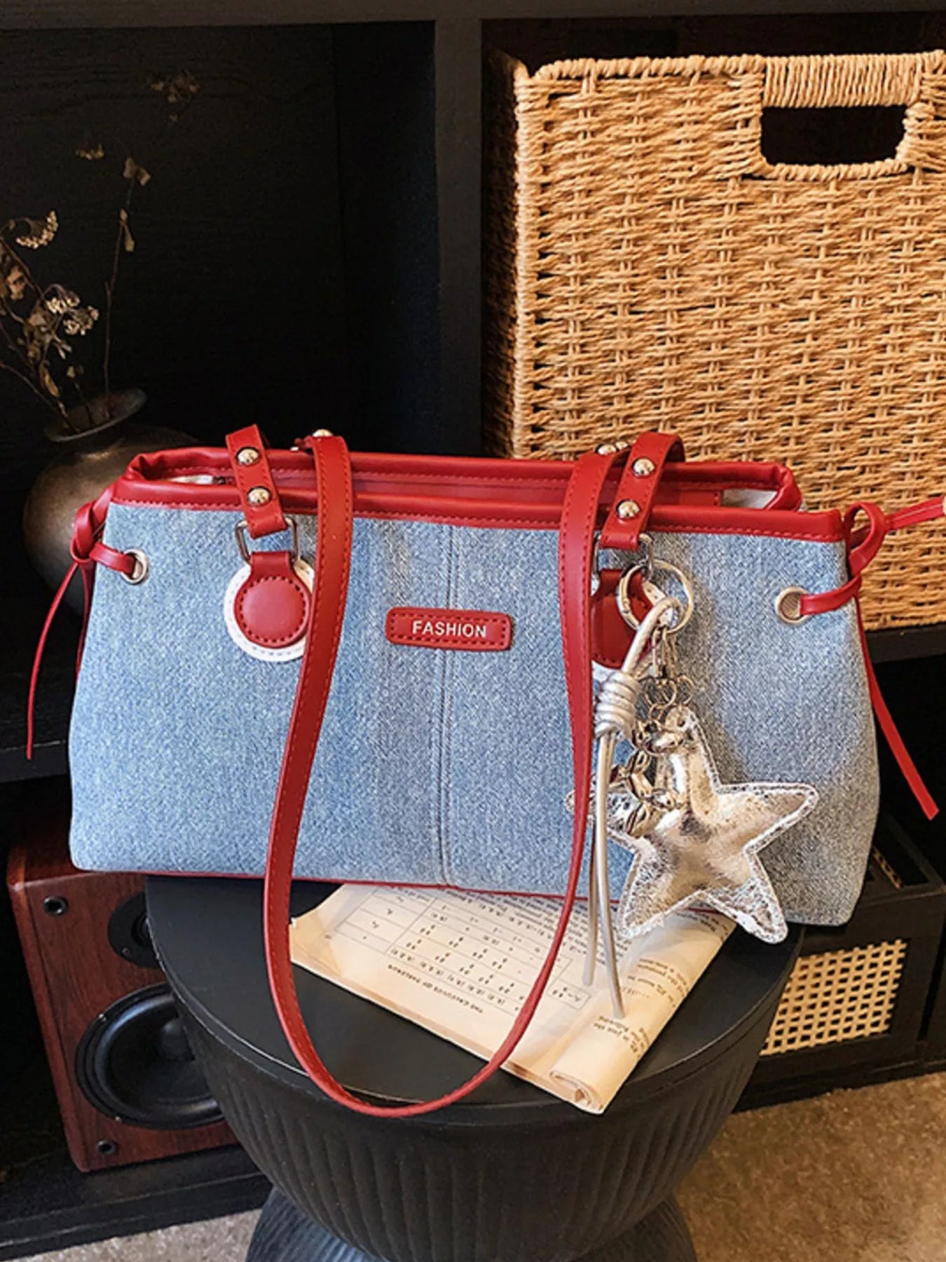 Denim Shoulder Bag with Star Charm for Women