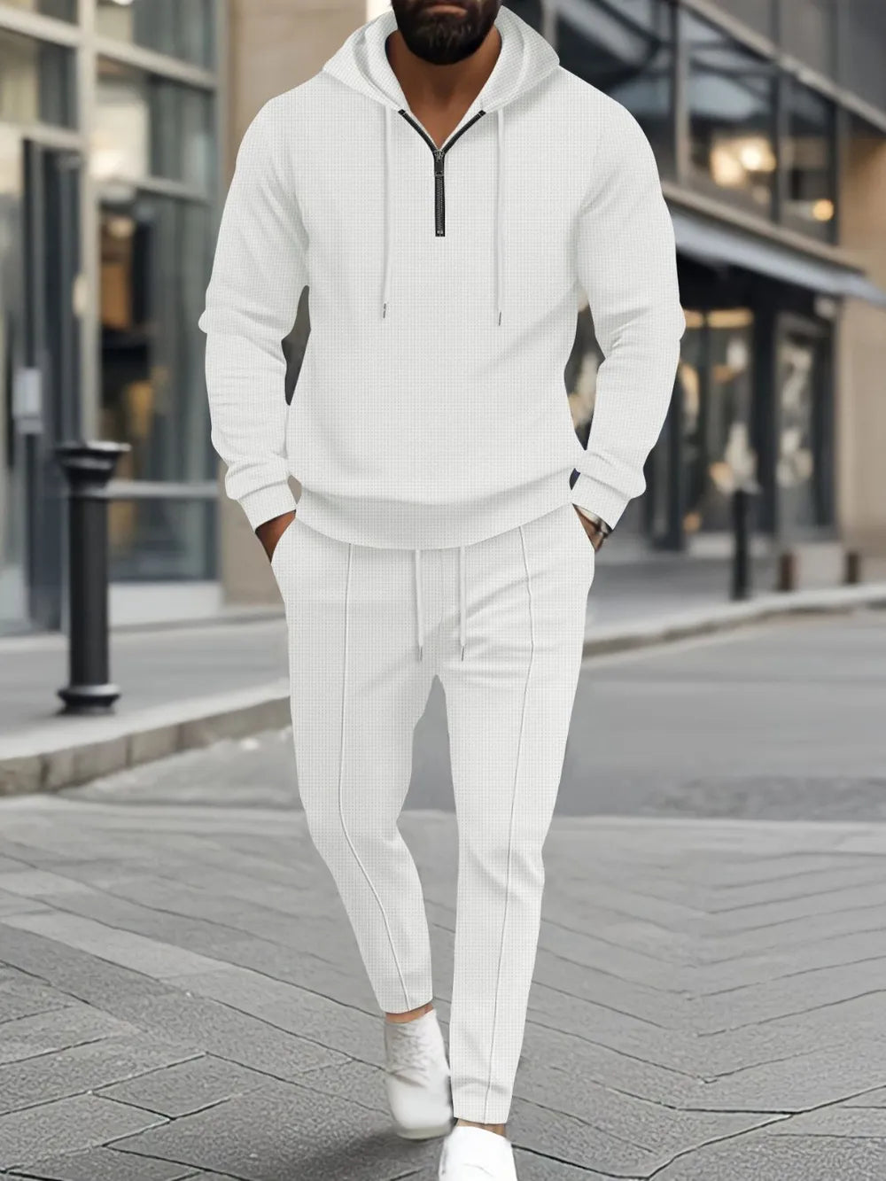Waffle-Knit Half Zipper Hoodie and Pants Set Plus Size in Black for Men