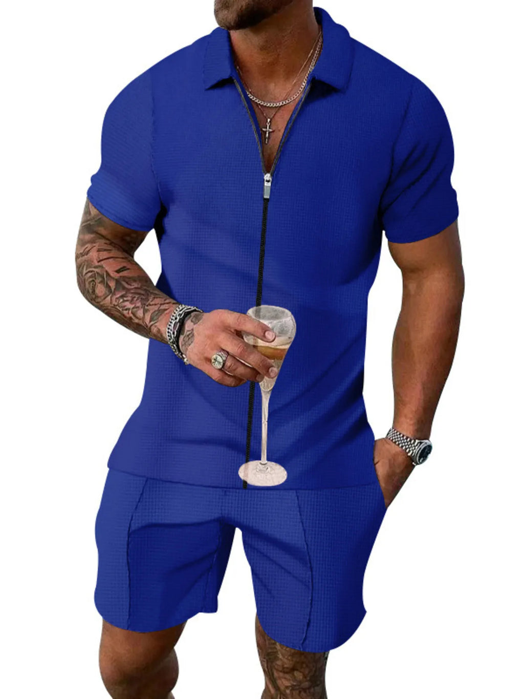 Plus Size Zip Up Short Sleeve Top and Shorts Set in Royal Blue for Men