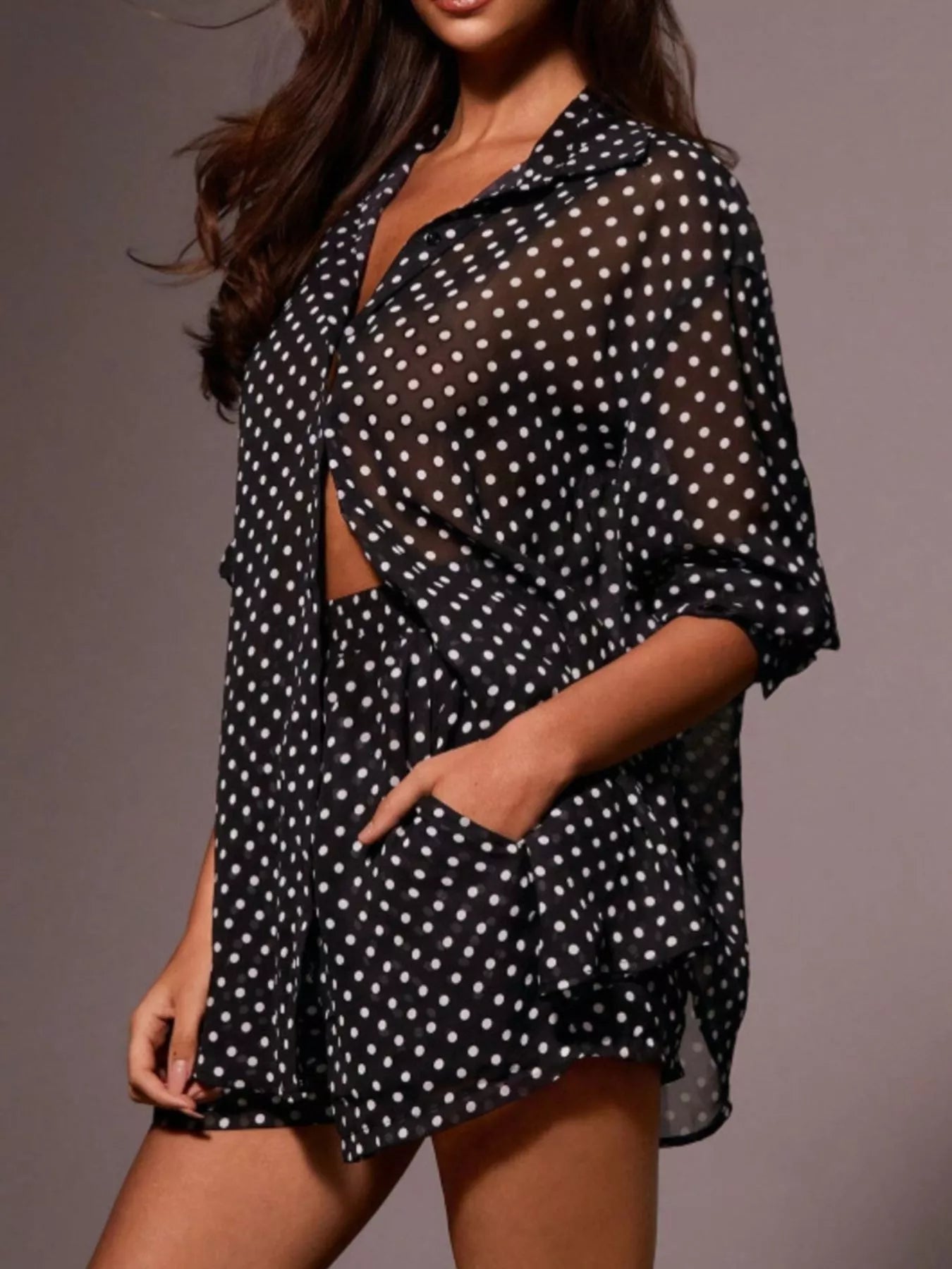 Polka Dot Button Up Shirt and Shorts Set in Black for Women