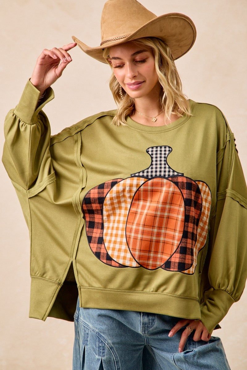 Plaid Mix Pumpkin Patchwork Cut Edge Detail Oversized French Terry Sweatshirt for Women