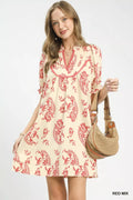 Mix Paisley Scallop Trim Dress in Red Mix for Women