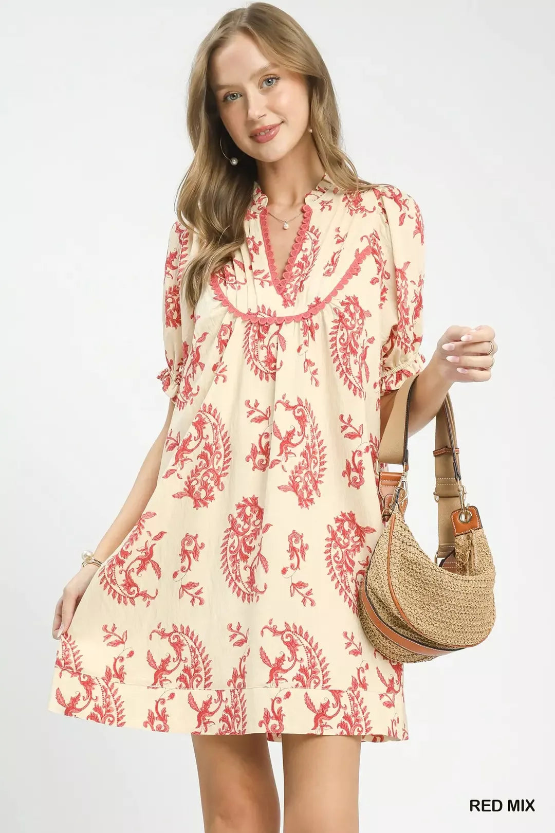 Mix Paisley Scallop Trim Dress in Red Mix for Women