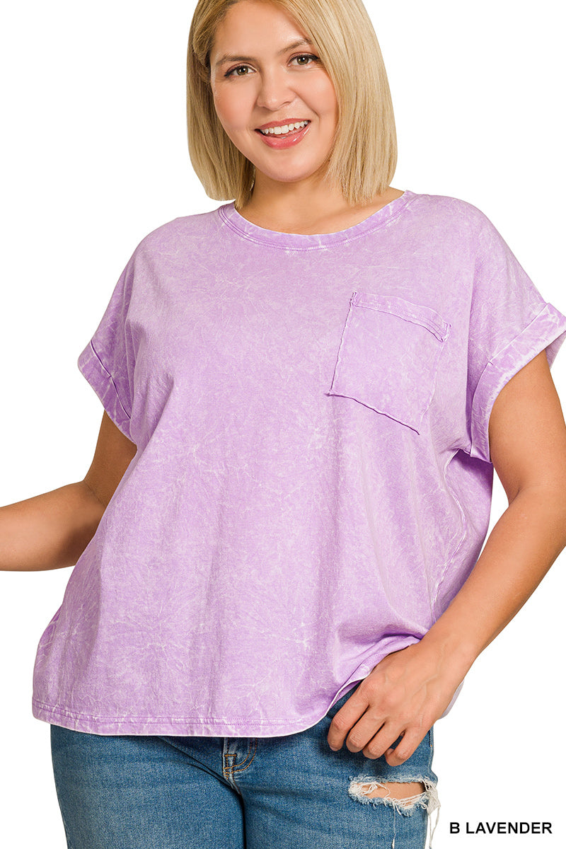 Crinkle Washed Round Neck Folded Short Sleeve Tee Plus Size in Lavender for Women