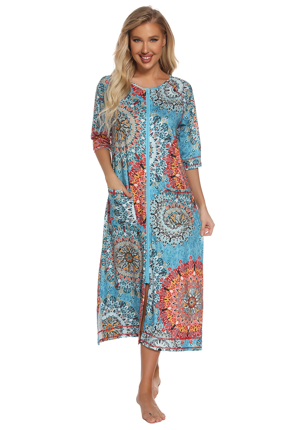 Printed Slit Night Dress with Pockets in Army Green for Women