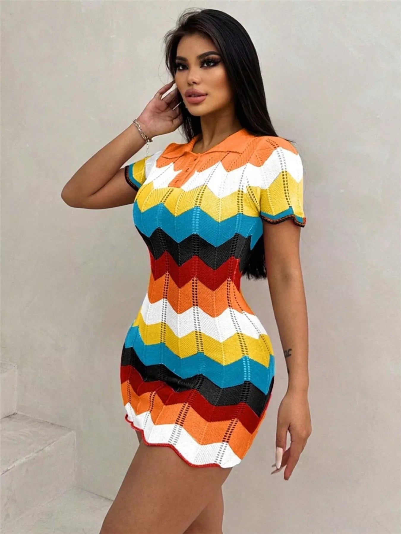 Chevron Knit Short Sleeve Sweater Dress for Women