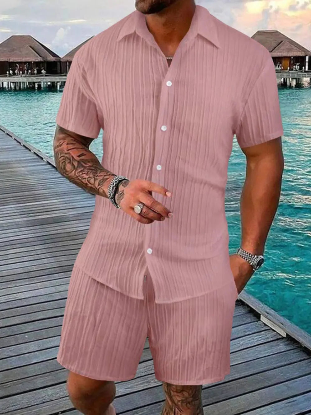 Button Down Short Sleeve Shirt and Shorts Set Plus Size in Gray for Men