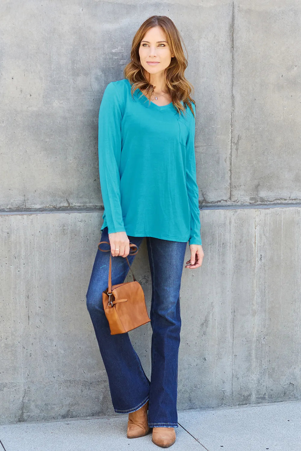 Plus Size V-Neck Long Sleeve Top in Cerulean for Women
