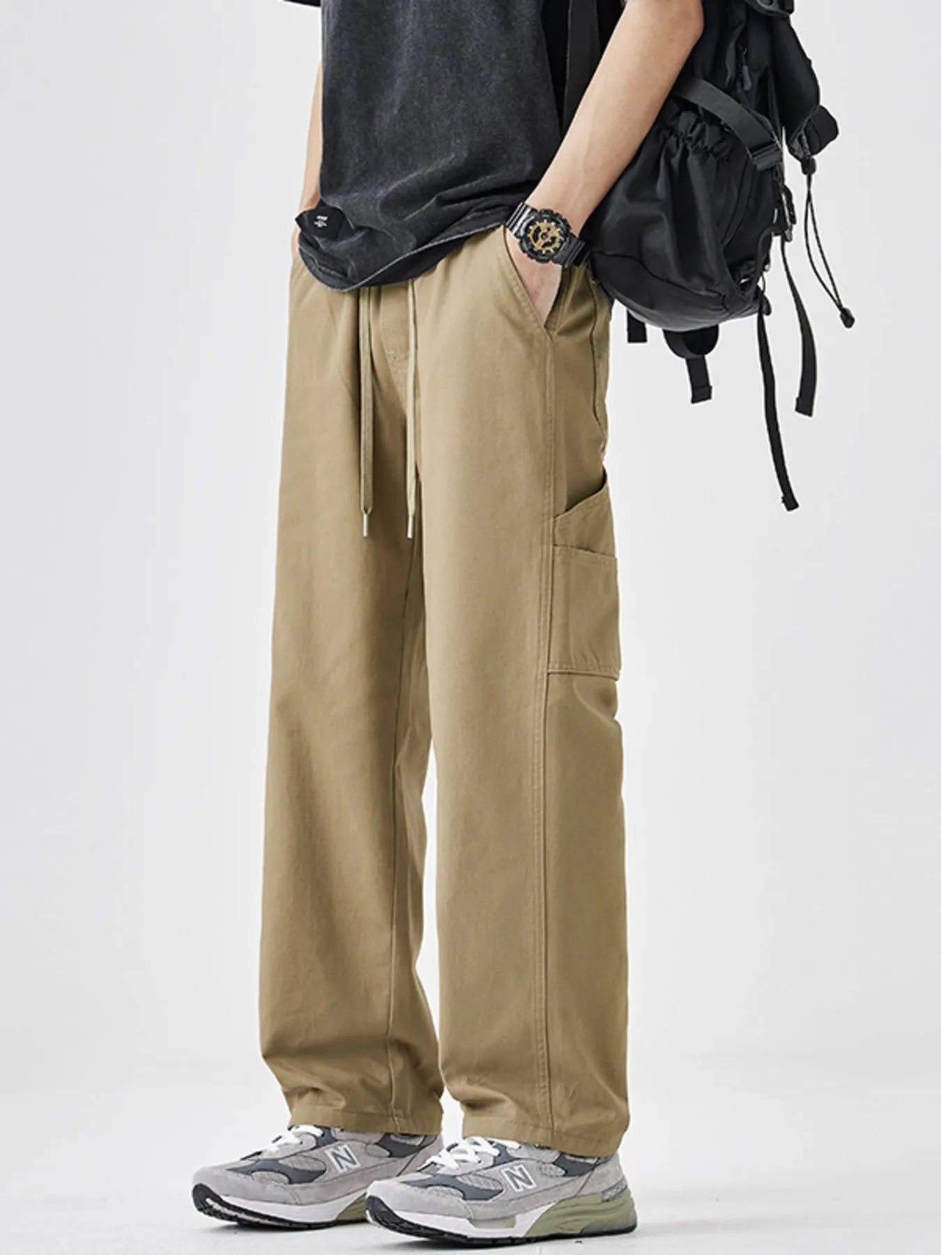 Plus Size Drawstring Wide Leg Pants in Khaki for Men