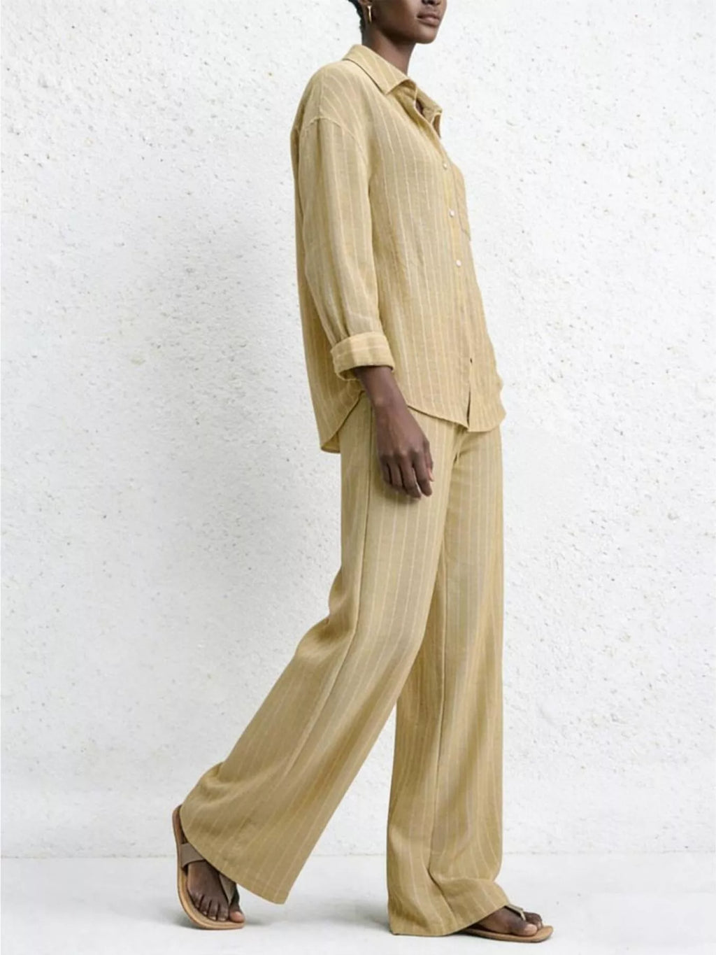 Striped Button Up Shirt and Pants Set in Pastel Yellow for Women