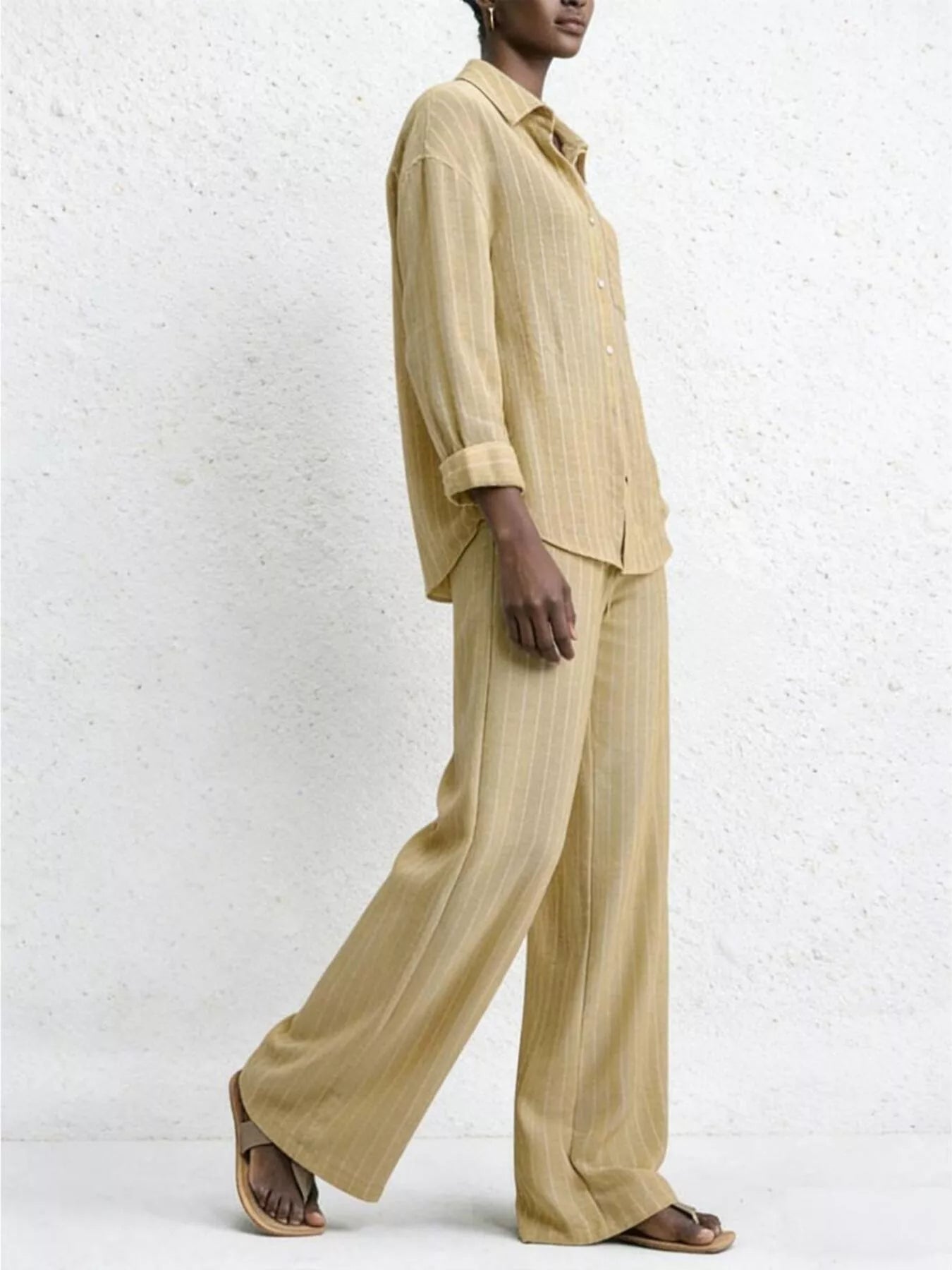 Striped Button Up Shirt and Pants Set in Pastel Yellow for Women