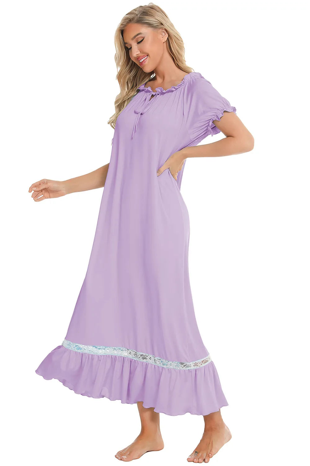 Lace Detail Short Sleeve Lounge Dress for Women