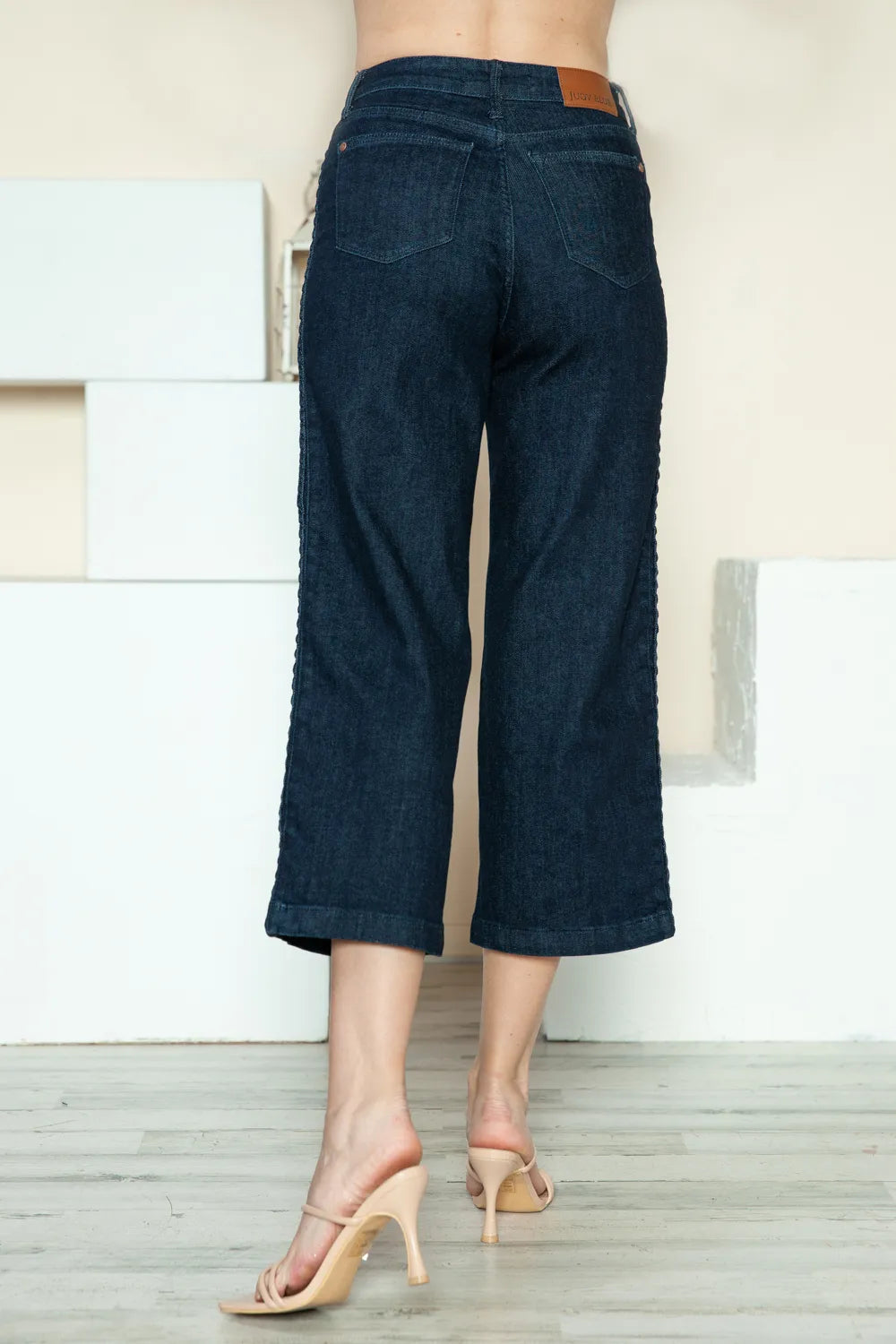 Plus Size Side Seam Braid Detail Crop Wide Leg Jeans in Dark for Women