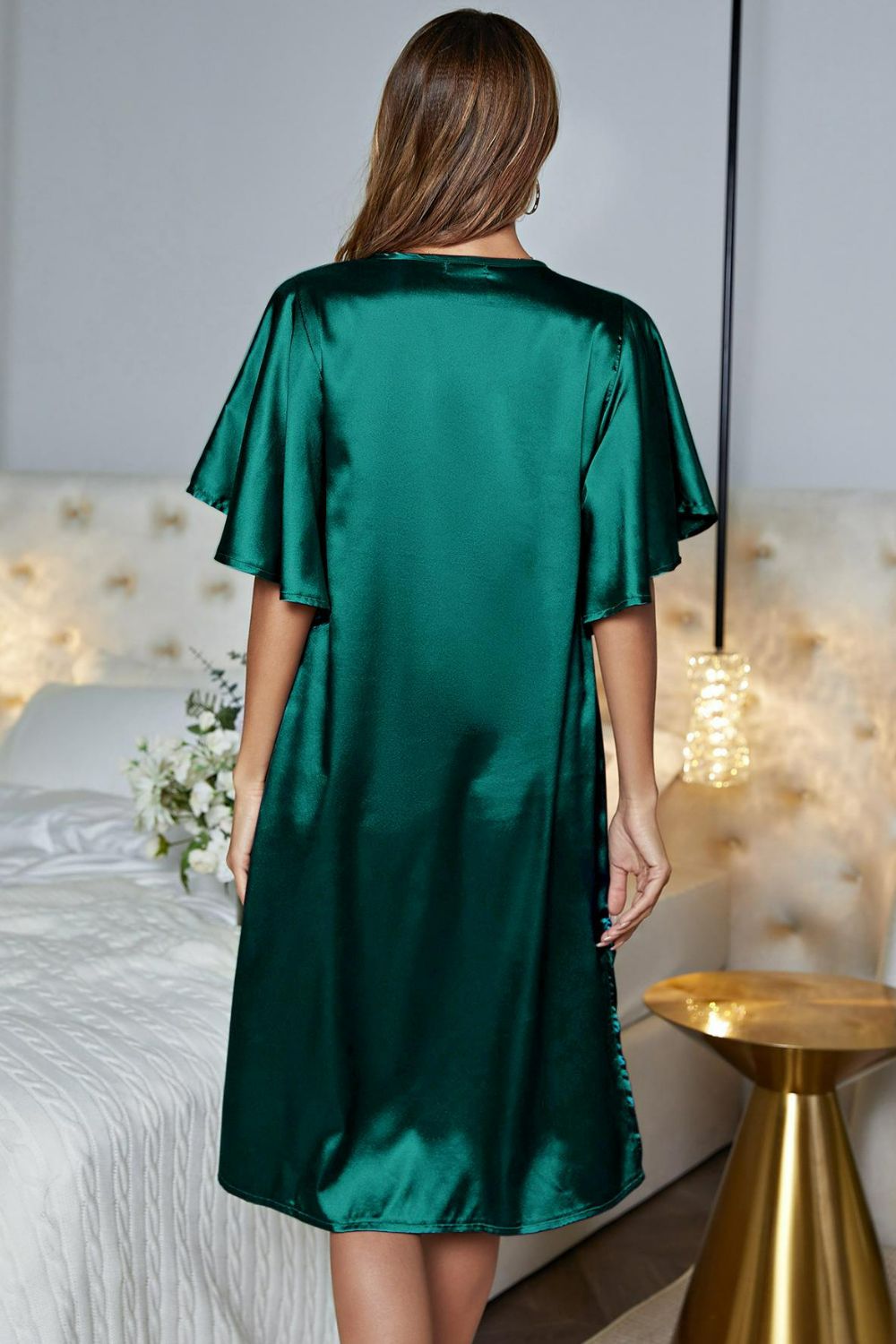 Satin Flutter Sleeve Side Slit V-Neck Night Dress in Teal for Women