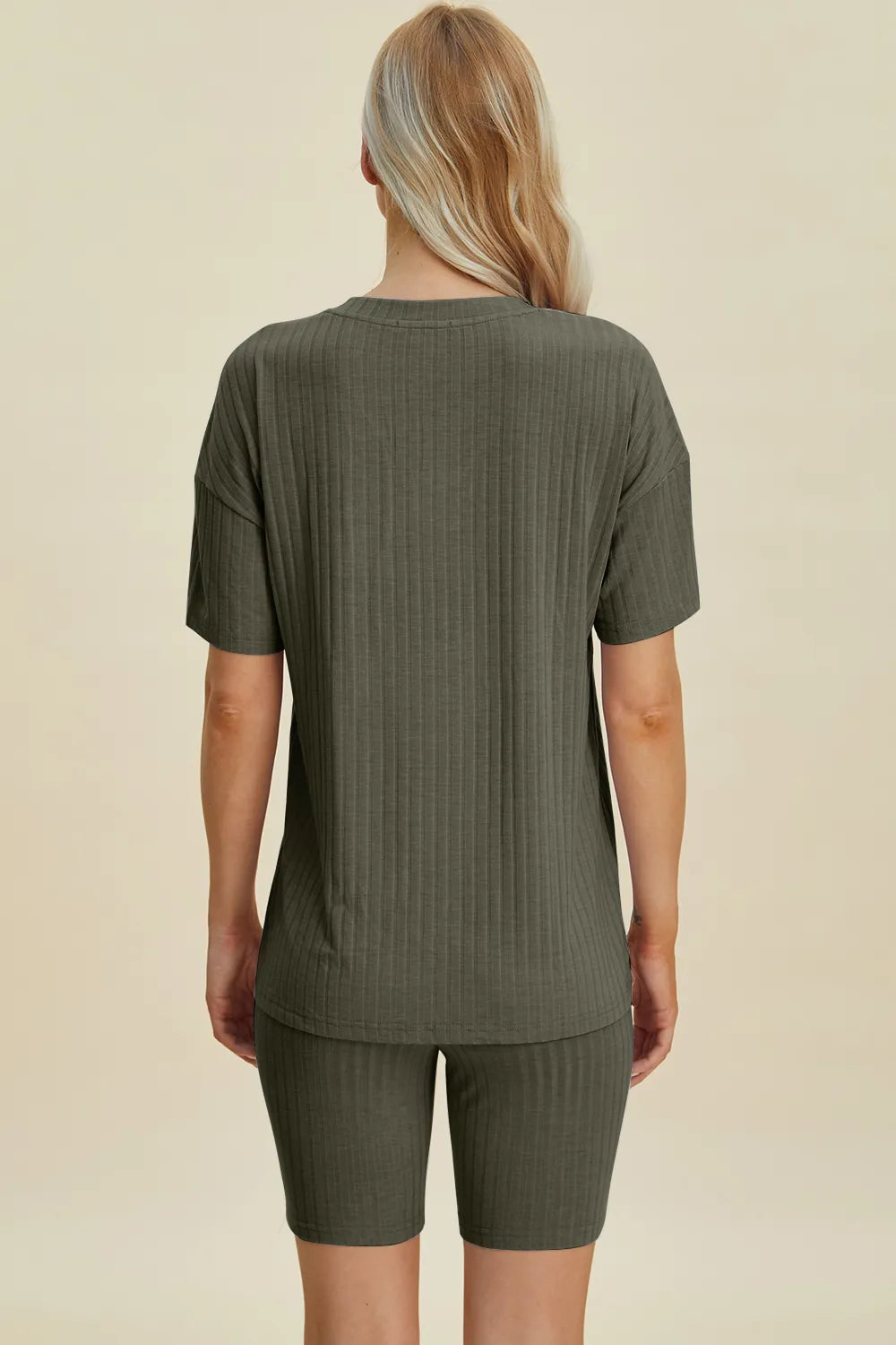 Plus Size Ribbed V-Neck Short Sleeve Top and Shorts Set in Gray for Women