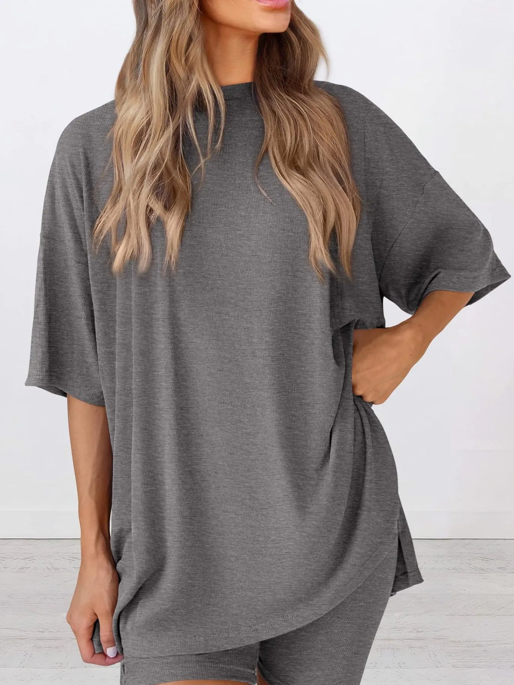 Oversized Slit Round Neck Top and Shorts Lounge Set Plus Size in Army Green for Women