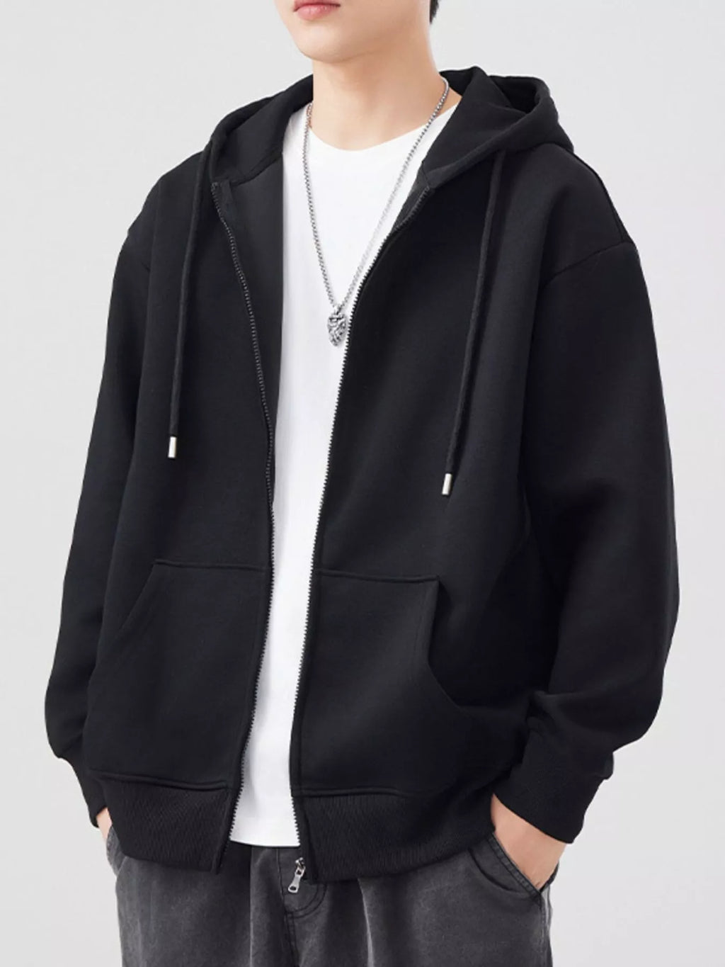 Plus Size Solid Color Zip-Up Hoodie in Black for Men