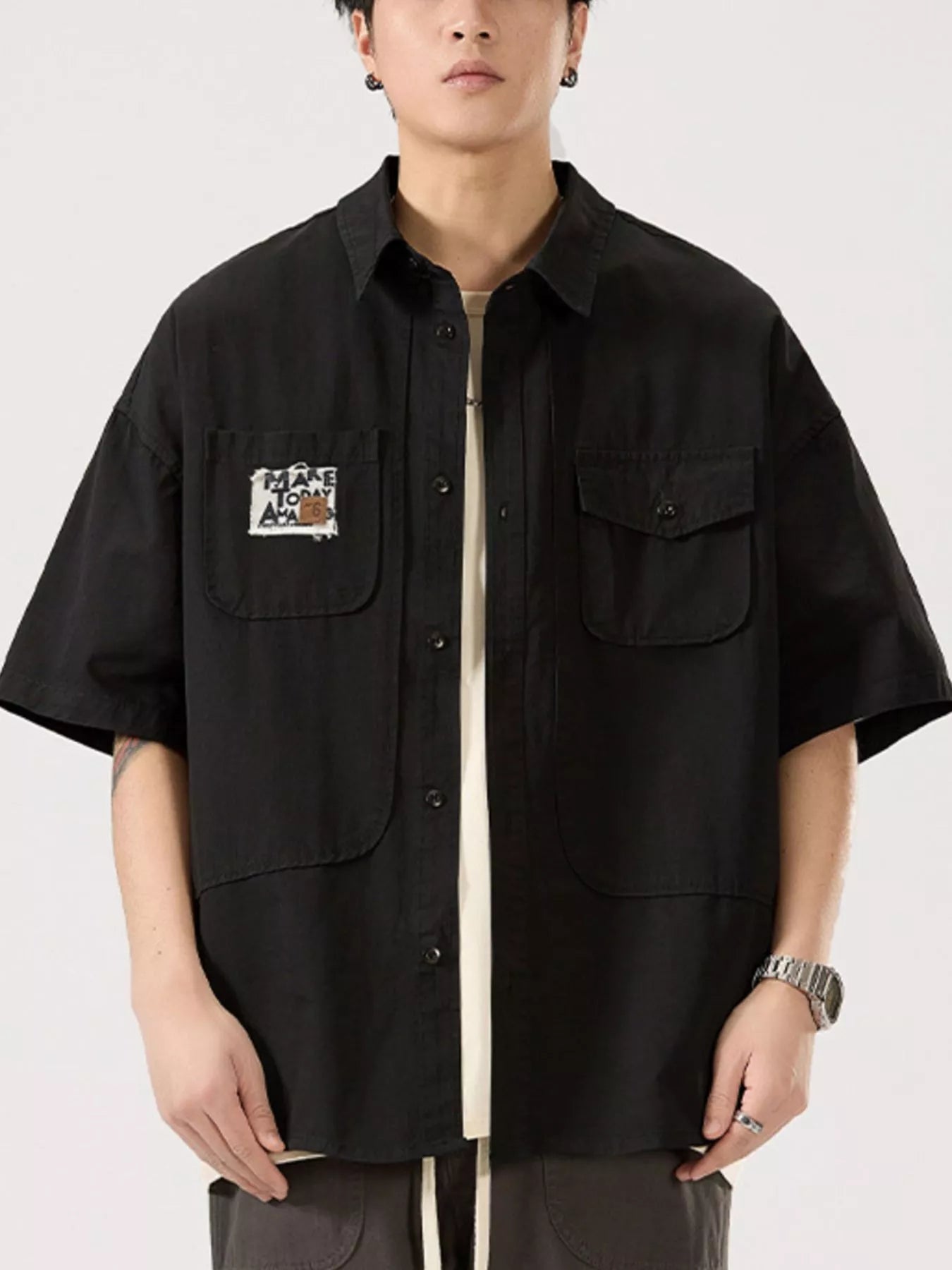 Button Up Short Sleeve Shirt Plus Size in Army Green for Men