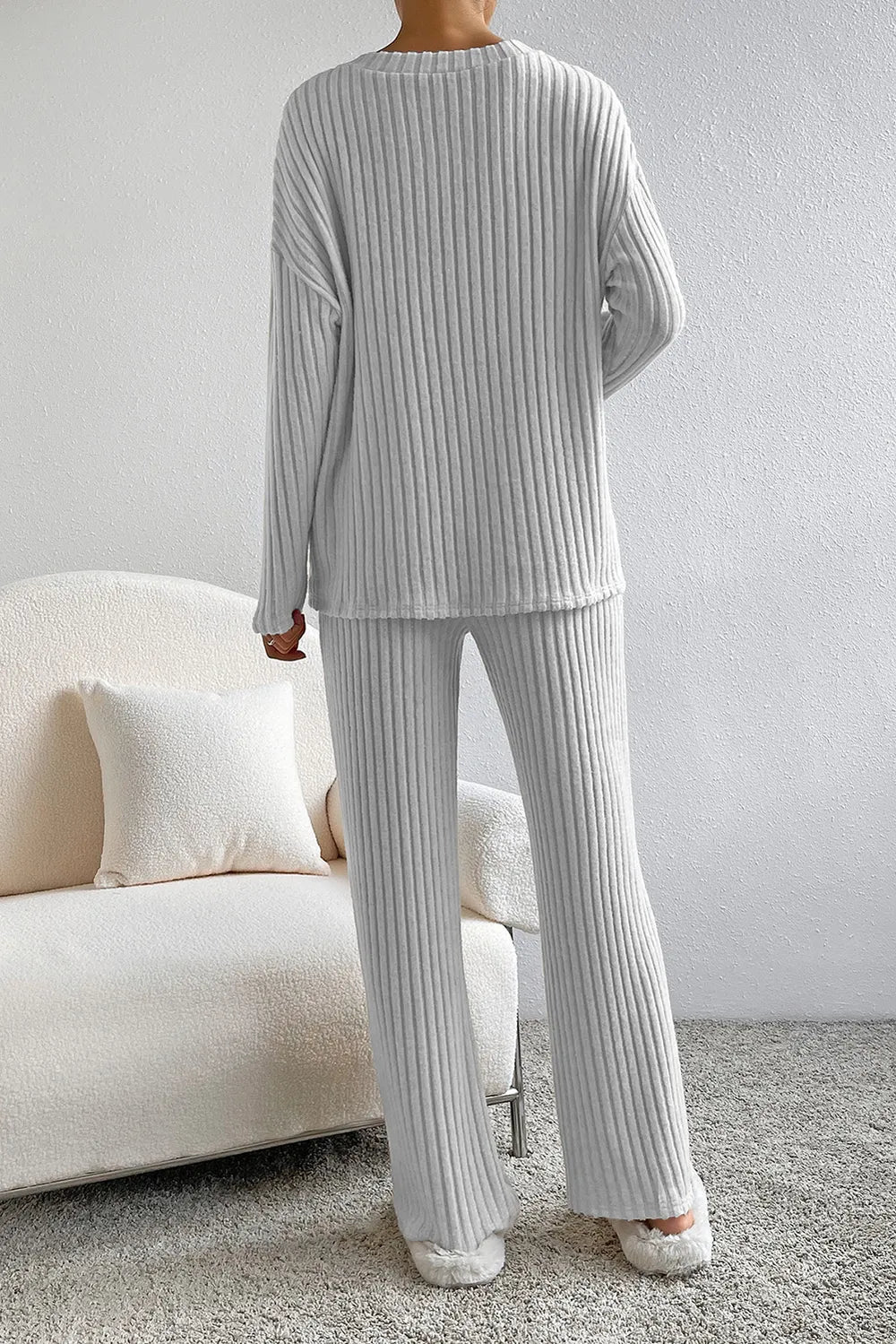 Ribbed V-Neck Top and Pants Lounge Set in Carnation Pink for Women